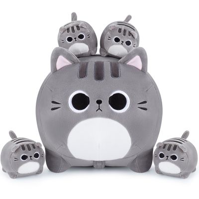 5 PCS Grey Cat Plush Stuffed Animal Family-15.8" Large Grey Cat Plush, Cat Mommy Cat with 4 Baby Kittens Cat Plushies for Kids, Kawaii Cat Plush Toy Christmas Birthday Gifts for Kids Boys Girls