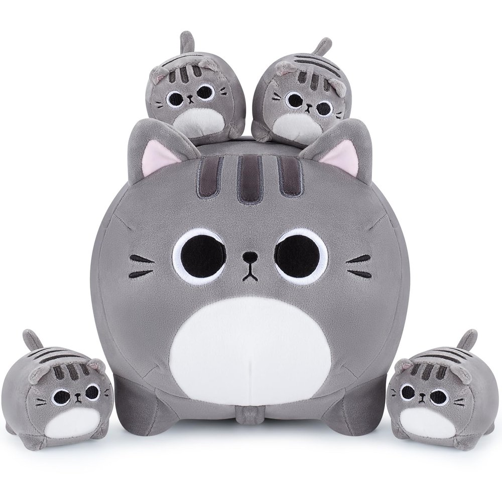 5 PCS Grey Cat Plush Stuffed Animal Family-15.8" Large Grey Cat Plush, Cat Mommy Cat with 4 Baby Kittens Cat Plushies for Kids, Kawaii Cat Plush Toy Christmas Birthday Gifts for Kids Boys Girls