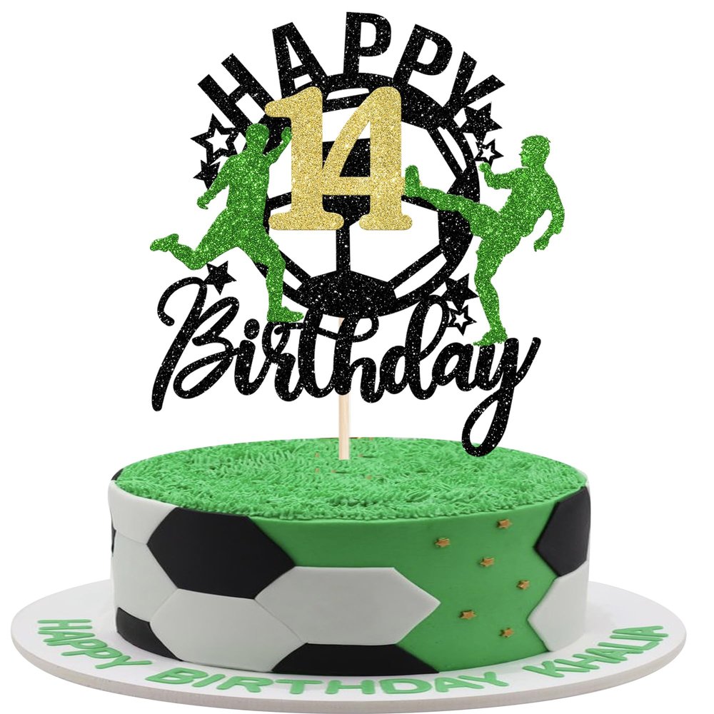 1 Pack Soccer Happy 14th Birthday Cake Topper Sport Soccer Ball Cake Picks for Football Theme Kids 14th Birthday Party Cupcake Decorations Supplies
