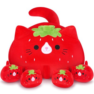 5 PCS Strawberry Cat Plush Stuffed Animal Family-19" Soft Strawberry Cat Plush, Large Mommy Plushies with 4 Baby Kittens Plushies, Kawaii Plushie Toy Christmas Birthday Gifts for Kids Boys