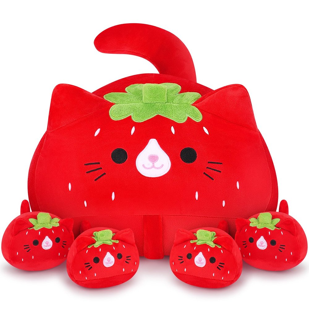 5 PCS Strawberry Cat Plush Stuffed Animal Family-19" Soft Strawberry Cat Plush, Large Mommy Plushies with 4 Baby Kittens Plushies, Kawaii Plushie Toy Christmas Birthday Gifts for Kids Boys