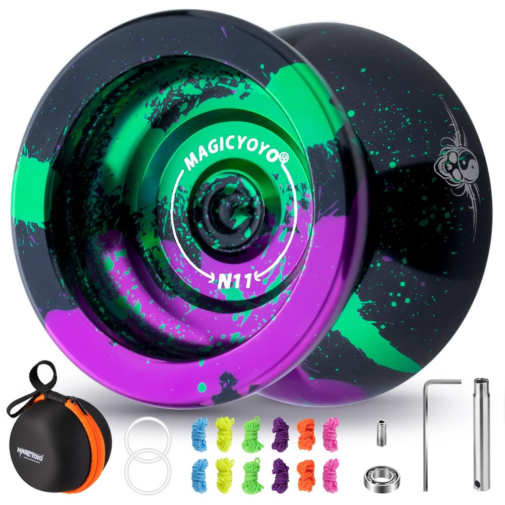 MAGICYOYO N11 Professional Yoyo  Unresponsive Design for Adult Tricks, Suitable Yoyo for Kids 8-12 or Above, Dual-Purpose Responsive Bearing, 12 Extra Strings, Case, Bearing Kit - Black Green Purple