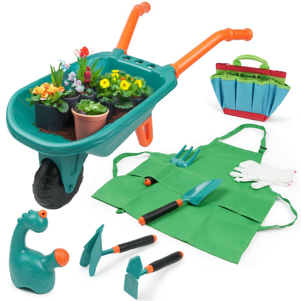 TINYLENS Kids Wheelbarrow with Garden Tool Set, Outdoor Toys Gardening Set for Toddlers 3+, Watering Can, Gloves, Hand Hoe, Washable Apron, Shovel and Fork, Gift for Boys Girls (Green)