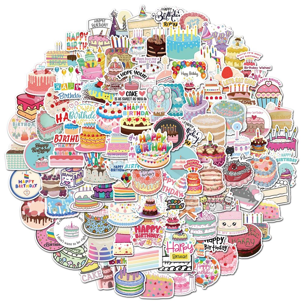 100Pcs Happy Birthday Stickers, Vinyl Cartoon Birthday Cake Stickers, Waterproof Birthday Party Decals for Water Bottles, Laptops, Scrapbooking, DIY Crafts