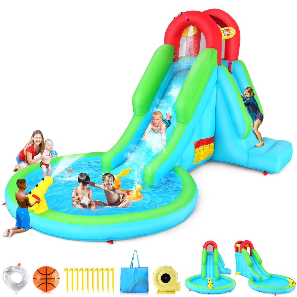 AKEYDIY Bounce House Water Slide, Inflatable Water Slide for Kids 3-10 with Air Blower, Kids Bouncy Castle Durable Sewn and Extra Thick, Family Backyard Jump House with Ball Pit, Water Gun, Fun Slide