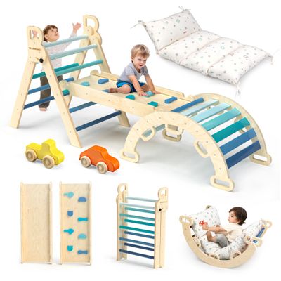 BlueWood Pikler Triangle Set with Cushion - Climbing Toys for Toddlers 9-in-1, Montessori Philosophy Play Jungle Gym with Arch, Ramp, Ladder (Blue)