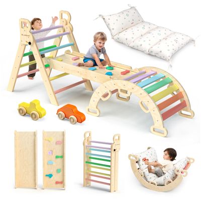 BlueWood Pikler Triangle Set with Cushion - Climbing Toys for Toddlers 9-in-1, Montessori Philosophy Play Jungle Gym with Arch, Ramp, Ladder (Rainbow)