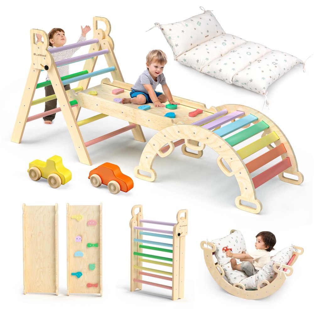 BlueWood Pikler Triangle Set with Cushion - Climbing Toys for Toddlers 9-in-1, Montessori Philosophy Play Jungle Gym with Arch, Ramp, Ladder (Rainbow)
