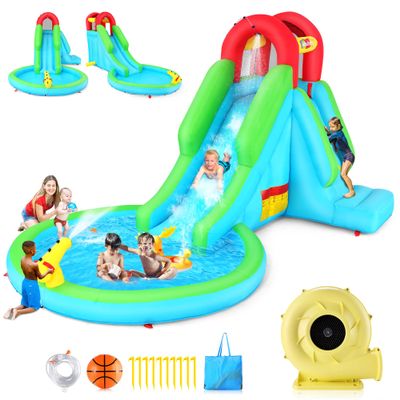 AKEYDIY Inflatable Water Slide, Bounce House Water Park for Kids 3-12, 156"x100"x85" Blow Up Racing Slide with Pool, Sprinkler, Climbing Wall, Water Cannon (AquaSlide B601)