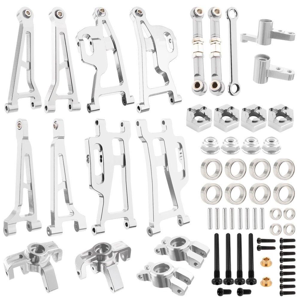 GDOOL Upgrade Aluminum Suspension Arms & Steering Knuckle Kit & Steering Linkage Assembly Spare Parts for 1/14 Scale H14BM 14209 14210 JC14EP HP474 HP141S 1/14 RC Cars(Silver)