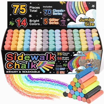 75 PCS Sidewalk Chalk for Kids - 14 Colors, 5 Glitter, Non-Toxic Washable Jumbo Chalks - Bulk Set of Outdoor Paint for Kids and Toddlers - Chalkboard Toys - Big Bucket Chalk for Party