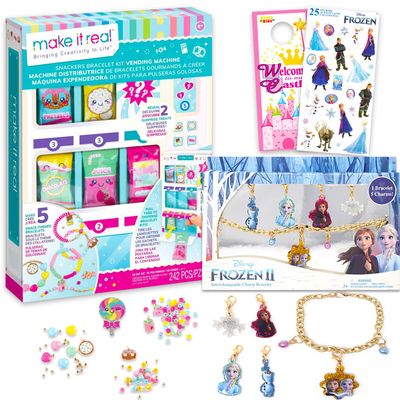 Disney Snackers Vending Machine Jewelry Set for Kids - Bundle with Vending Machine Accessories, Frozen Charm Bracelet, Stickers, More | Snackers Jewelry Dress Up for Girls, Boys