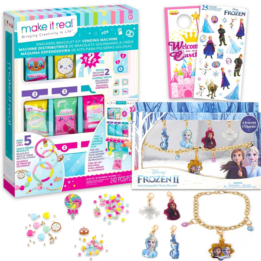 Disney Snackers Vending Machine Jewelry Set for Kids - Bundle with Vending Machine Accessories, Frozen Charm Bracelet, Stickers, More | Snackers Jewelry Dress Up for Girls, Boys
