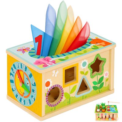 6-in-1 Montessori Baby Tissue Box Toy, Wooden Activity Cube for 6+ Months, Color & Shape Sorter Puzzles Sensory Toys for 12-18 Months. Baby Early Education Fine Motor Skills Gift for Toddlers 1-3