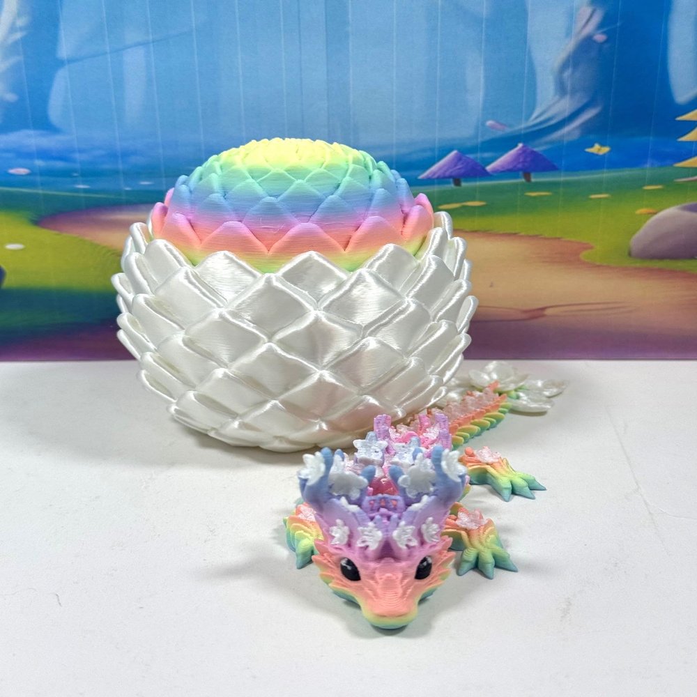 3D Printed Baby Dragon with Dragon Egg, 6" Articulated Rainbow Cherry Blossom Dragon, Fidget ADHD AutismToy, Executive Desk Toy IHWBD011-WE