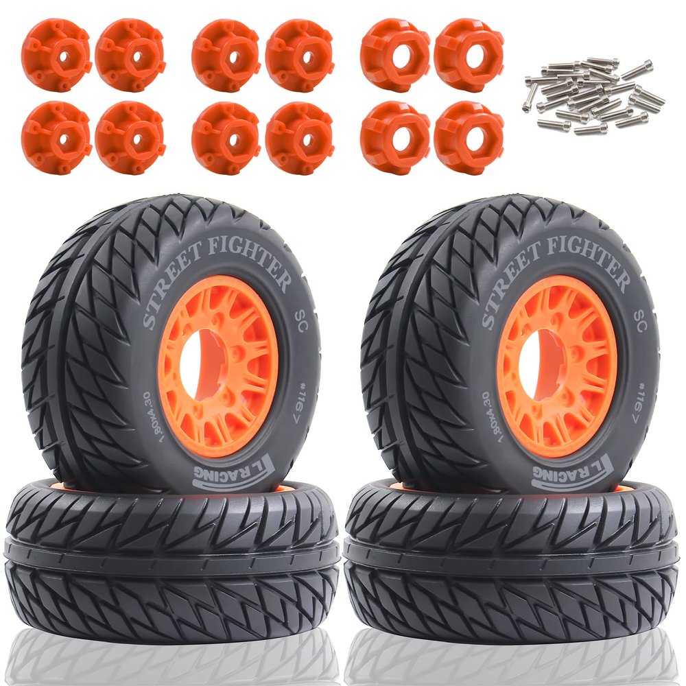 112mm 1/8 1/10 RC Short Course Truck Wheels and Tires Set 12/14/17mm Hex for 1/10 RC Off-Road Car Traxxas TRX4 Slash Arrma Losi Tenacity Redcat Hpi HSP RC Scale Racing Car and refit Use W20 (Orange)