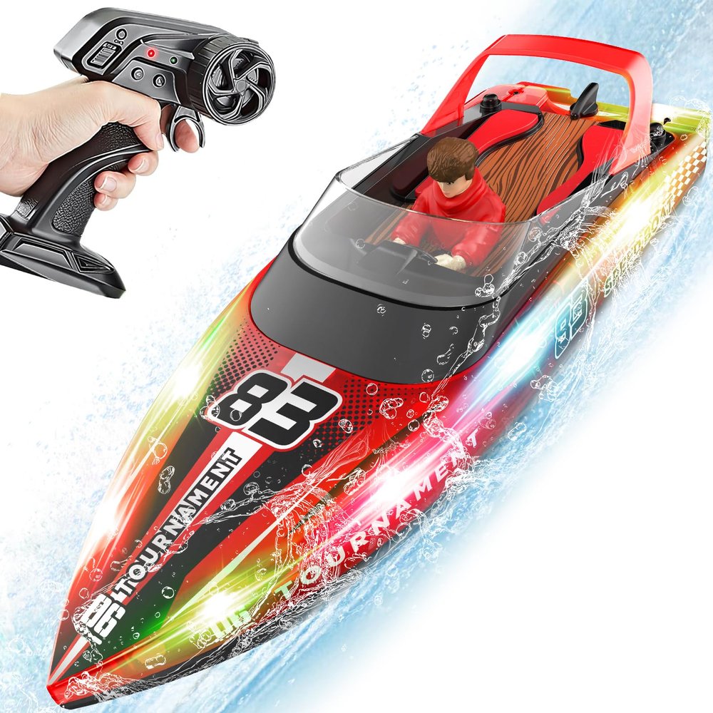 Toileum RC Boat with LED Lights, 40+ Mins, Self-Righting Waterproof Remote Control Boat for Pools, Lakes, Bathtubs, Summer Water Toys for Kids, Radio Controlled Watercraft (Red)