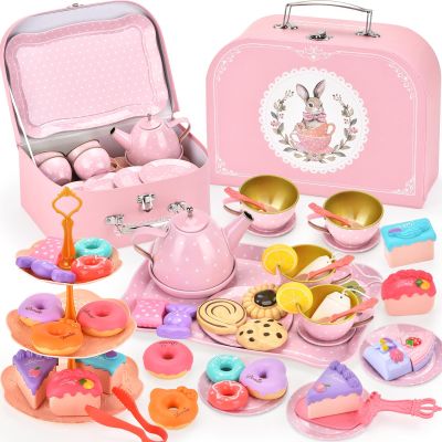 Lajeje Tea Party Set for Girls  Princess Toddler Birthday Gift, Bunny Tea Time Toys with Teapot, Desserts, Cups, Plates & Carrying Case, Pretend Kitchen Playset for Kids Ages 3-8