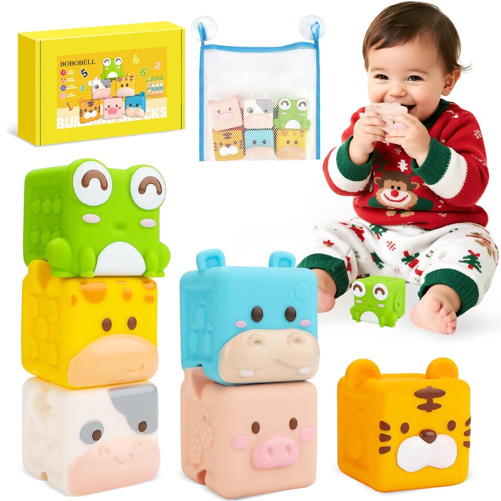 BOBOBELL Animal Soft Baby Blocks,Silicone Squeeze Building Blocks Stacking Toys for Babies,Early Learning Touch Bath Educational Toys with Numbers Animals Fruits Texture Baby Gifts Easter Basket