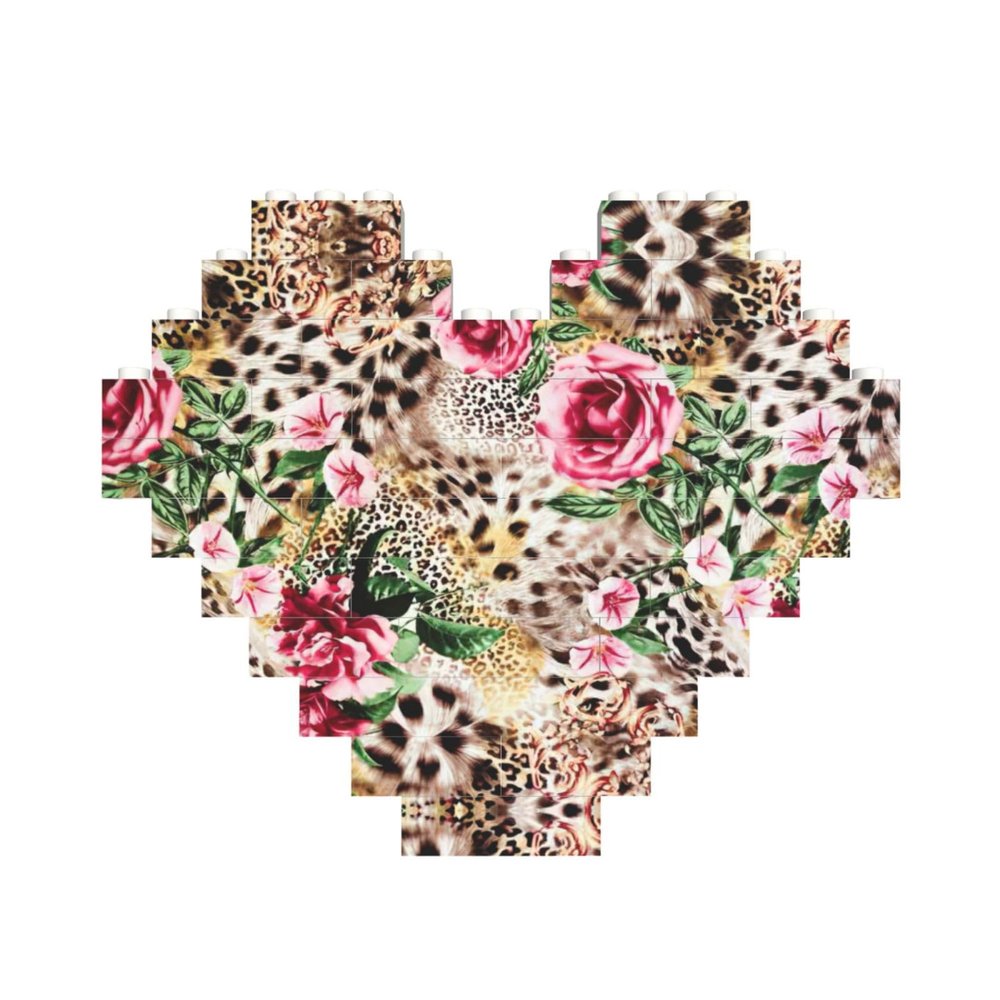 Animal Tiger Leopard Print Rose Flower Print Heart Shaped Building Brick Block Puzzle, Personalized Custom Gift for Men and Women