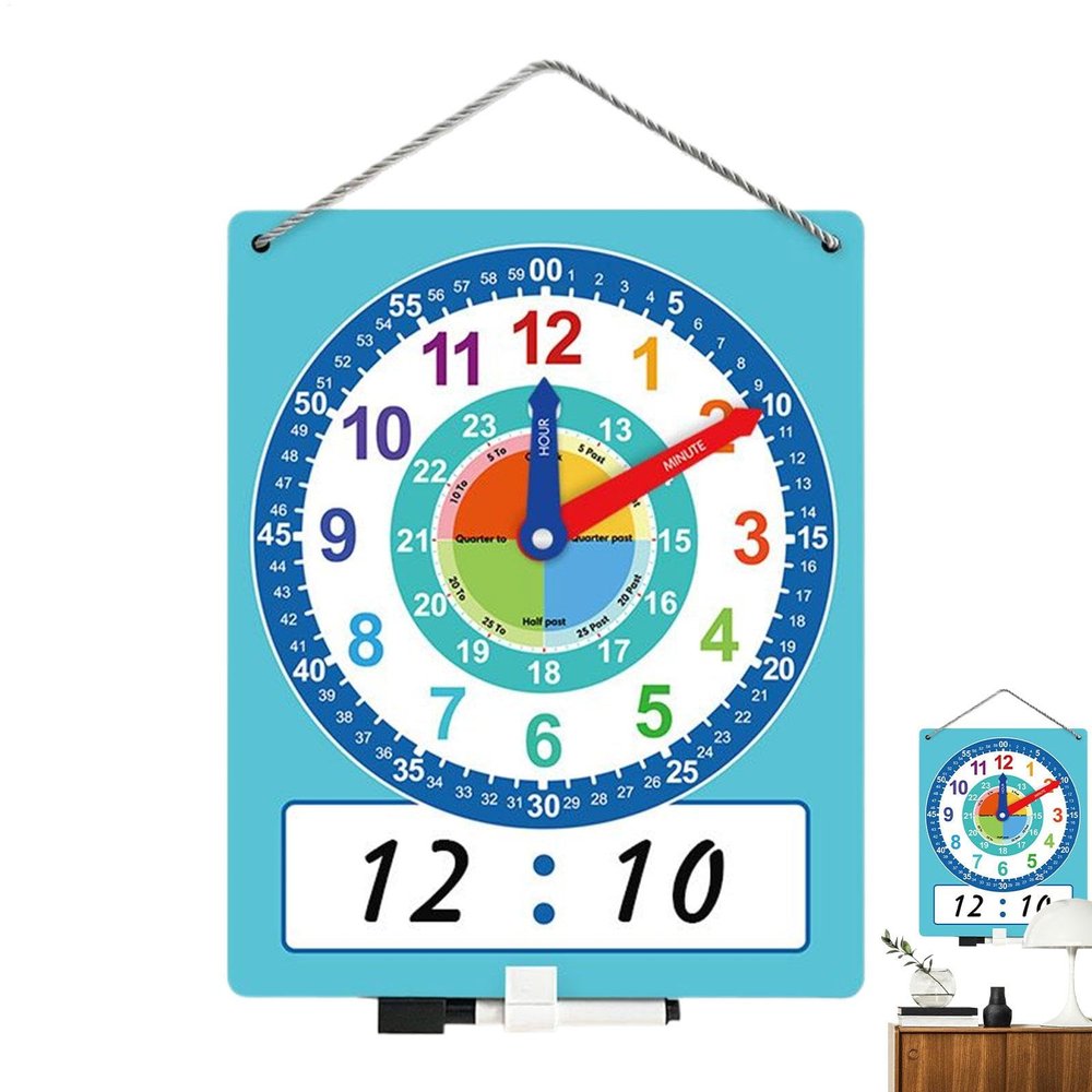 Learning Clock, Dry Erase Telling Time Teaching Clock Kids, 13.5x10.91 inches Adorable Double Side Writable Time Practice Tool, Homeschool Supplies for Classroom Home Use