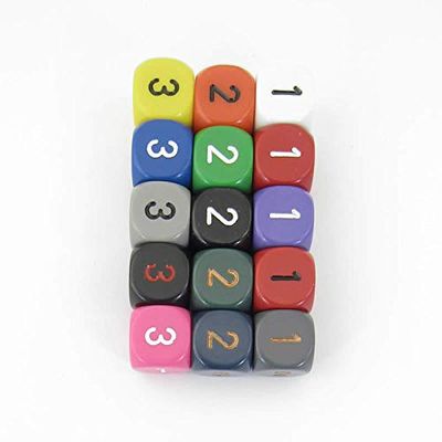 Assorted Opaque Dice with Numbers D3 (d6 1-3 Twice) 16mm (5/8in) Pack of 15 Wondertrail