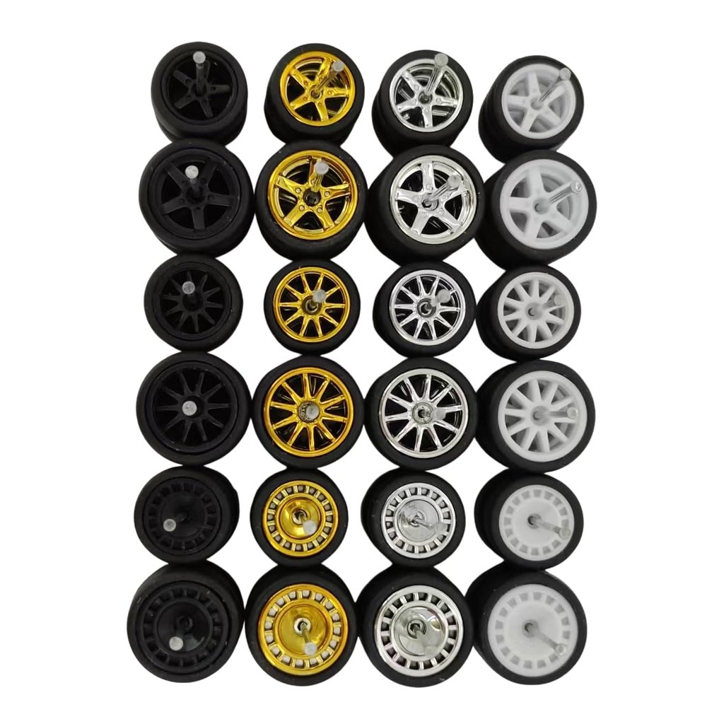 1/64 Scale Progressive Rubber Wheels Set | 10-Pack Random Wheel Designs in Two Sizes (10.5mm & 13mm) | Custom Upgrade Tires for Hot Wheels, Matchbox, Mini GT, Greenlight, Auto World & Diecast Cars
