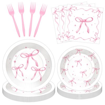 100 Pcs Pink Ribbon Bow Party Supplies Set, Serves 25  Disposable Paper Plates, Napkins, and Plastic Forks, Coquette-Inspired Bow-Themed Tableware for Birthday, Bridal Shower, Wedding Decorations