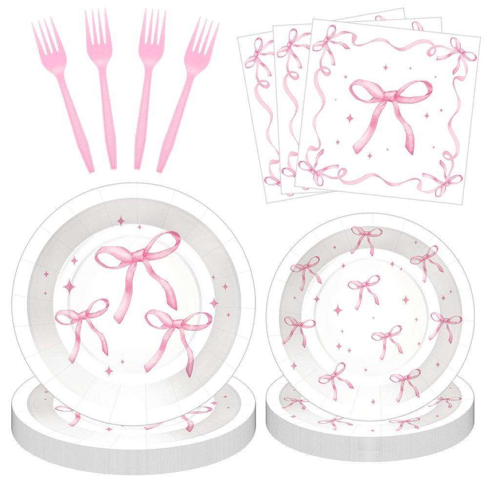 100 Pcs Pink Ribbon Bow Party Supplies Set, Serves 25  Disposable Paper Plates, Napkins, and Plastic Forks, Coquette-Inspired Bow-Themed Tableware for Birthday, Bridal Shower, Wedding Decorations