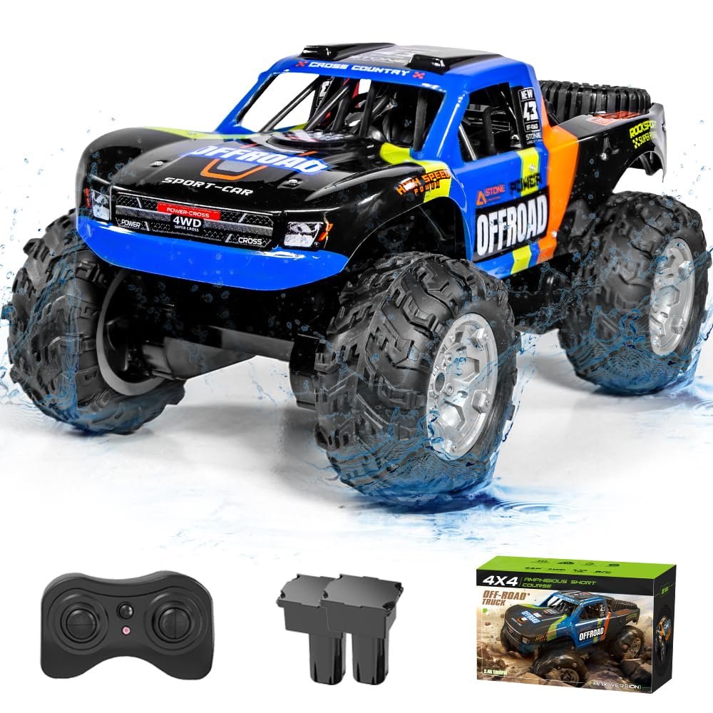 SEKAIHT Waterproof RC Monster Truck Amphibious Remote Control Trucks 13In Big Off Road RC Cars for Kids 4WD 360 Rotation Two Rechargeable Batteries Gifts for Boys Girls Age 4-12 Pool Toys (Blue)