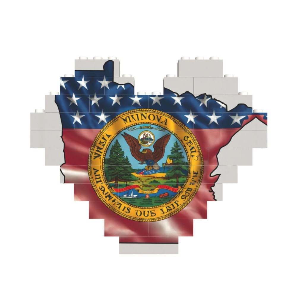 Abstract Minnesota State Flag Map Print Heart Shaped Building Brick Block Puzzle, Personalized Custom Gift for Men and Women