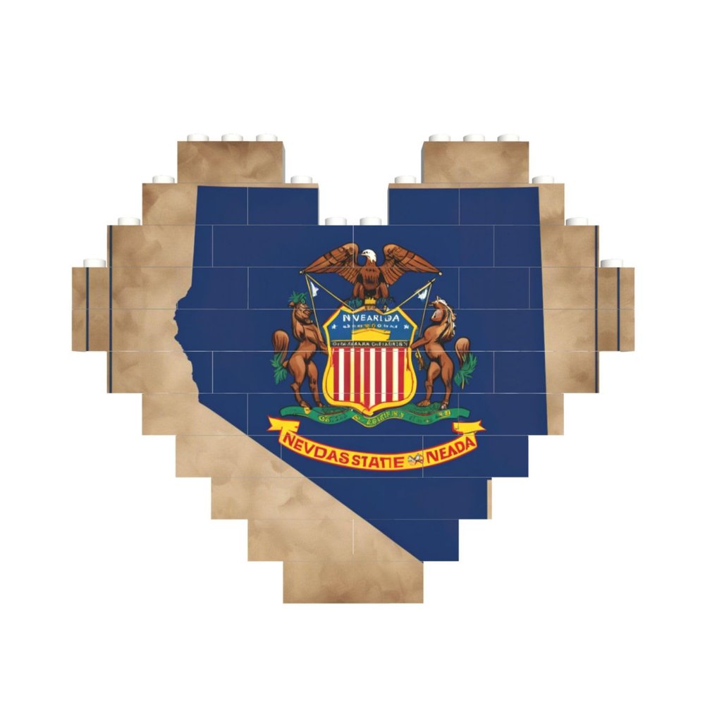 Abstract Nevada State Flag Map Print Heart Shaped Building Brick Block Puzzle, Personalized Custom Gift for Men and Women