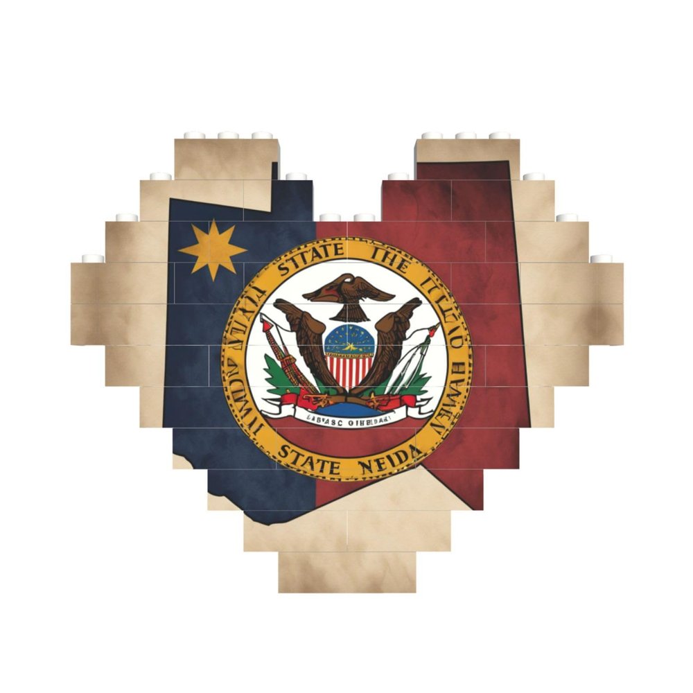 Abstract Nevada State Flag Map Print Heart Shaped Building Brick Block Puzzle, Personalized Custom Gift for Men and Women