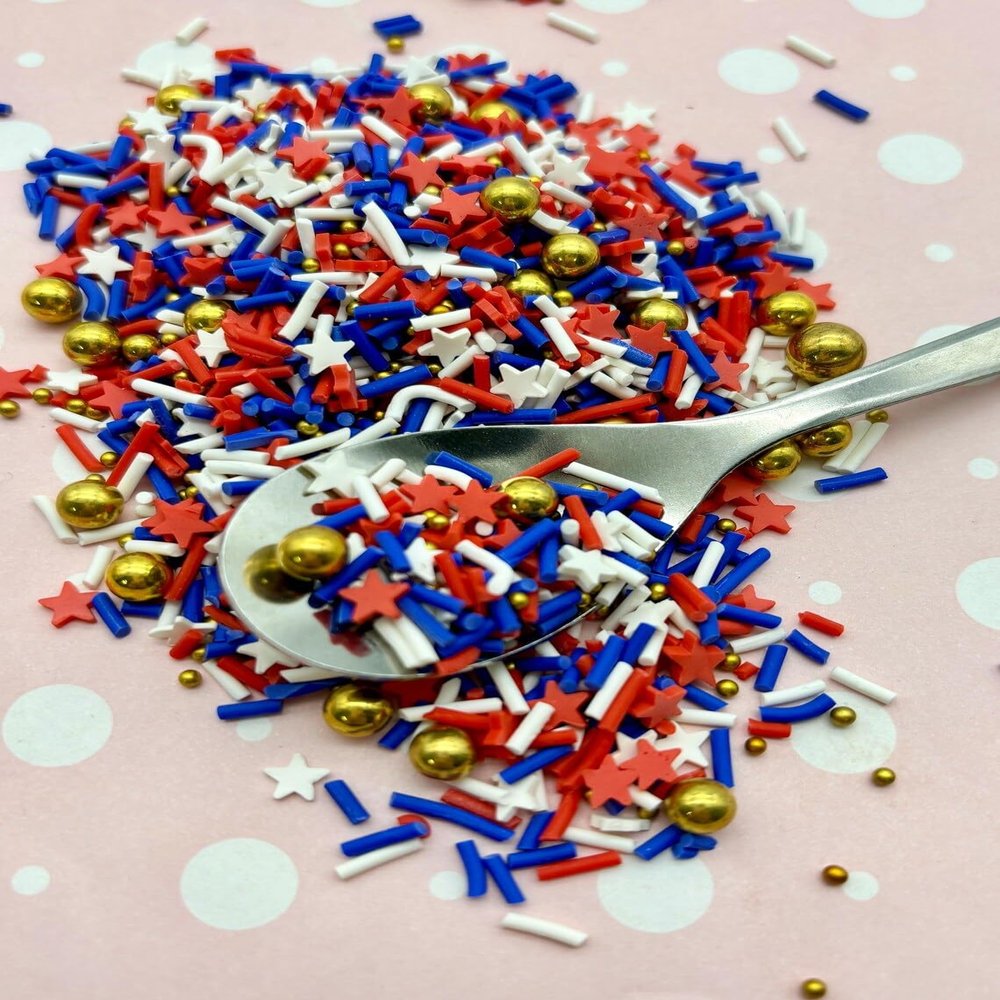 Blue Red and White Star Faux Polymer Sprinkles with Resin and Metal Pearls, Mixed Polymer Clay Fake Sprinkles, Decoden Jimmies for Crafts and DIY (100 gram bag)
