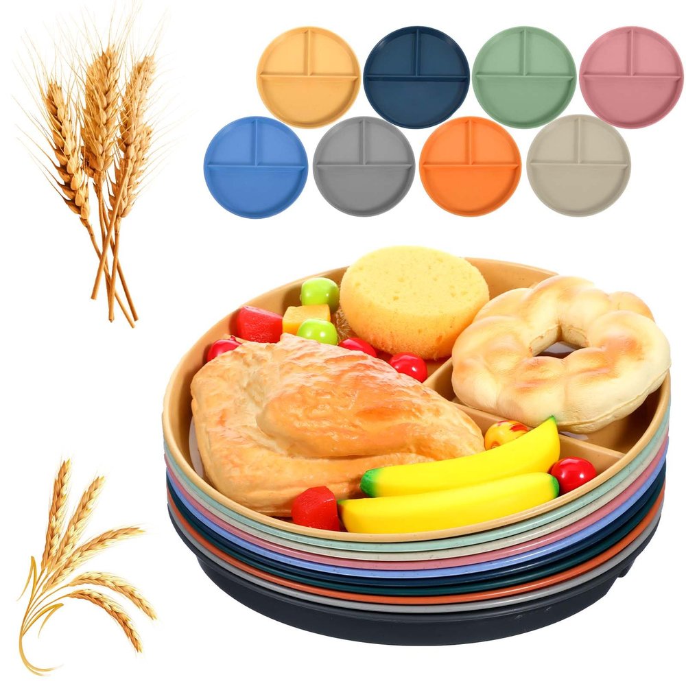 10 Pcs Unbreakable Divided Plates for Kids Adults, 9 Inch Round Portion Control Plate, 3 Compartment Plates with Dividers, Lightweight Reusable Dinnerware Portion Control Plastic, Dishwasher Safe