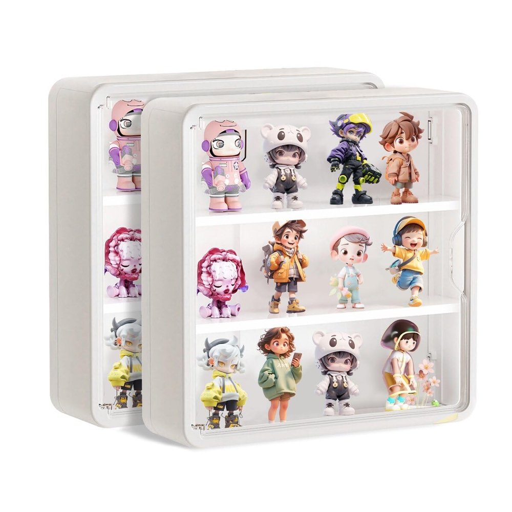 2Pcs White Display Case for Figures,Wall Mounted Acrylic Clear Storage Case,Dust Proof Display Cabinet Organizer with Shelves Magnetic Door for Mini Figure Toys or Collectibles Figures