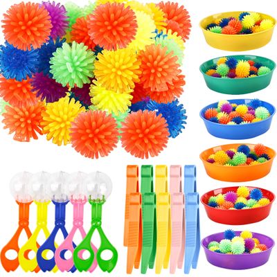 Feradny 141 Pieces Fine Motor Toy Counting Sorting Sensory Bin Filler Include 6 Colorful Sorting Cup 10 Tweezers 5 Bear Ball Clip 120 Hedge Balls for Kid Early Skill Education