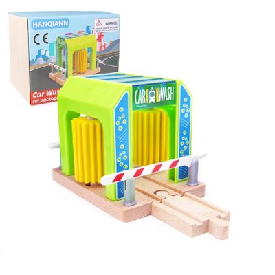 Wooden Car Wash Station with Train Truck,Expansion Pack Compatible with Railway Train Set,Wooden Toy Train Accessory for Kids Age 3 and Up