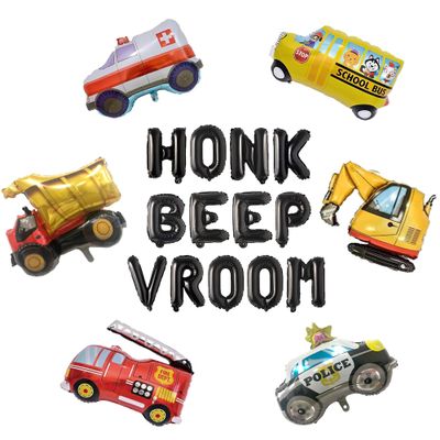 100% LIKED-Honk Beep Vroom Car Birthday Party Decorations, Ambulance School Bus Dump Truck Firetruck Police Car Balloon Banners, Smash Crash Birthday Decor