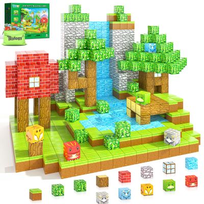 100PCS Magnetic Blocks - Build Mine Magnet World Forest Dinosaur Edition, Sensory STEM Construction Building Toys Kids Games for Toddler Christmas Birthday Gifts for 3 4 5 6 7 8 Years Old Girls & Boys