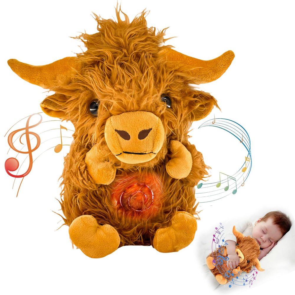 cbozimpr Highland Cow Soothing Breathing Stuffed Animal for Anxiety Kids, Sleeping Cow Plush Toy, Anxiety Stuffed Animal with Realistic Breathing Action and Lighted Music Valentines Day Gift for Kids