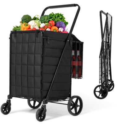 Folding Shopping Cart with Wheels & Double Basket Folding Utility Shopping Cart with Lining,Portable Lightweight Trolley 180 LBS Capacity for Grocery Laundry
