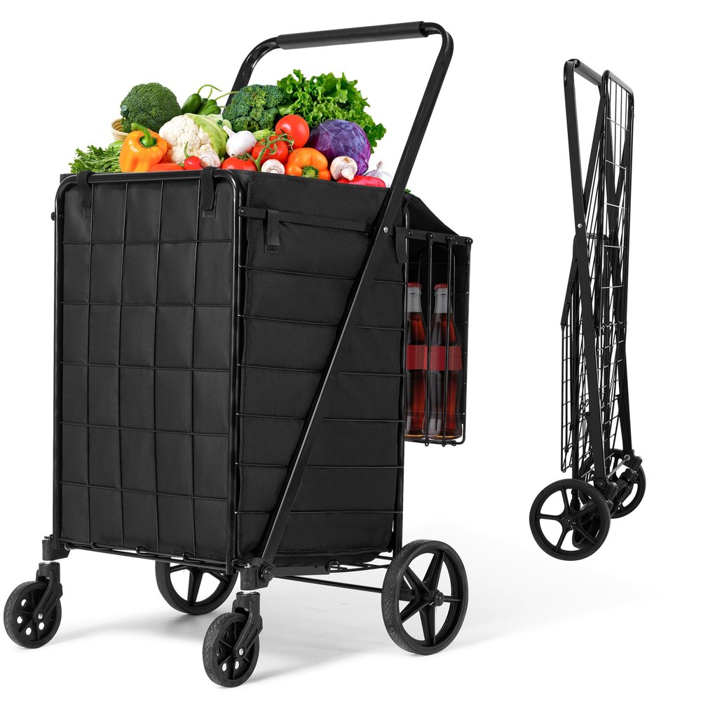 Folding Shopping Cart with Wheels & Double Basket Folding Utility Shopping Cart with Lining,Portable Lightweight Trolley 180 LBS Capacity for Grocery Laundry