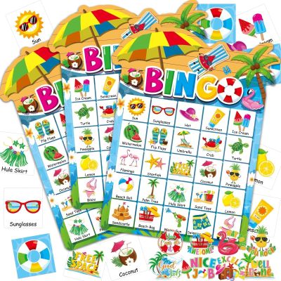 39Pcs Pool Party Bingo Game for Adults Kids 24 Players Summer Party Bingo Game Cards with Reward Stickers for Family Friend Student Large Group Activities Hawaiian Tropical Beach Parties Supply Favors