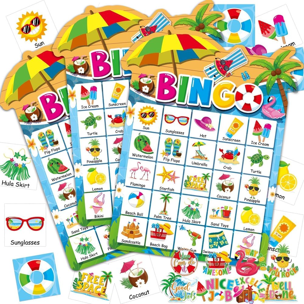 39Pcs Pool Party Bingo Game for Adults Kids 24 Players Summer Party Bingo Game Cards with Reward Stickers for Family Friend Student Large Group Activities Hawaiian Tropical Beach Parties Supply Favors
