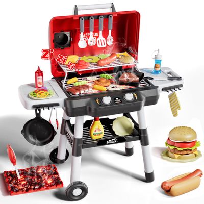 Kids Play Kitchen Toys, Kids BBQ Grill Playset2-Tier Barbecue Toy with Wheels, Smoke Sound Light, Outdoor Play Food Toys Cooking Set, Birthday Gift for Toddlers 3-5