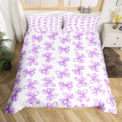 jejeloiu Purple Bow Bedding Set for Girls Boys Kids Toddler Size Cute Bowknot Comforter Cover Room Decor Dreamy Princess Kawaii Girly Duvet Cover 2Pcs Bedclothes Soft Microfiber,No Comforter