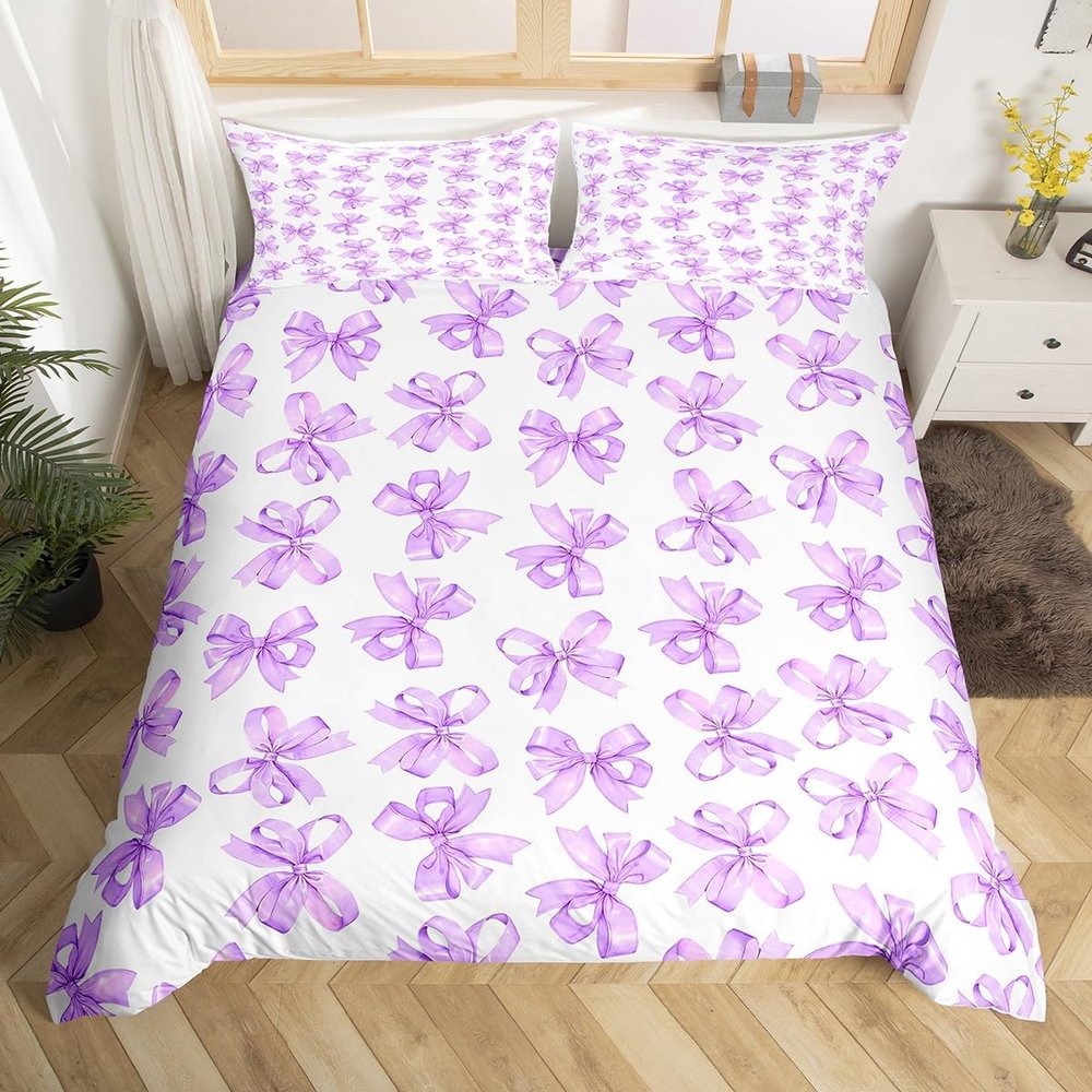 jejeloiu Purple Bow Bedding Set for Girls Boys Kids Toddler Size Cute Bowknot Comforter Cover Room Decor Dreamy Princess Kawaii Girly Duvet Cover 2Pcs Bedclothes Soft Microfiber,No Comforter