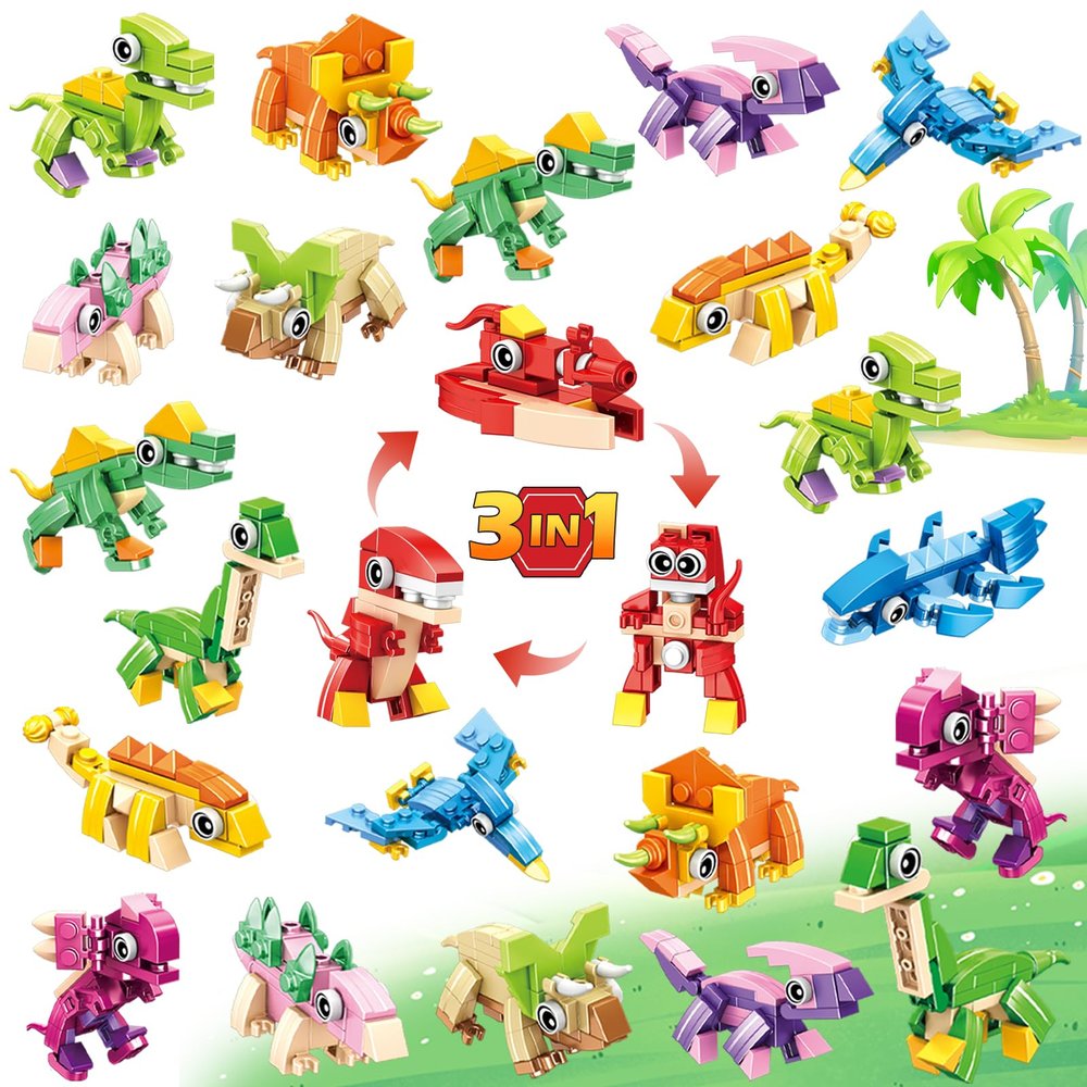 24 Pack Valentines Party Favors for Kids, 3-in-1 Dinosaur Building Block Toys, Kids Classroom Gifts, Stocking Stuffers, Goodie Bag Stuffers, Classroom Rewards, Birthday for Boys Girls Ages 6-12