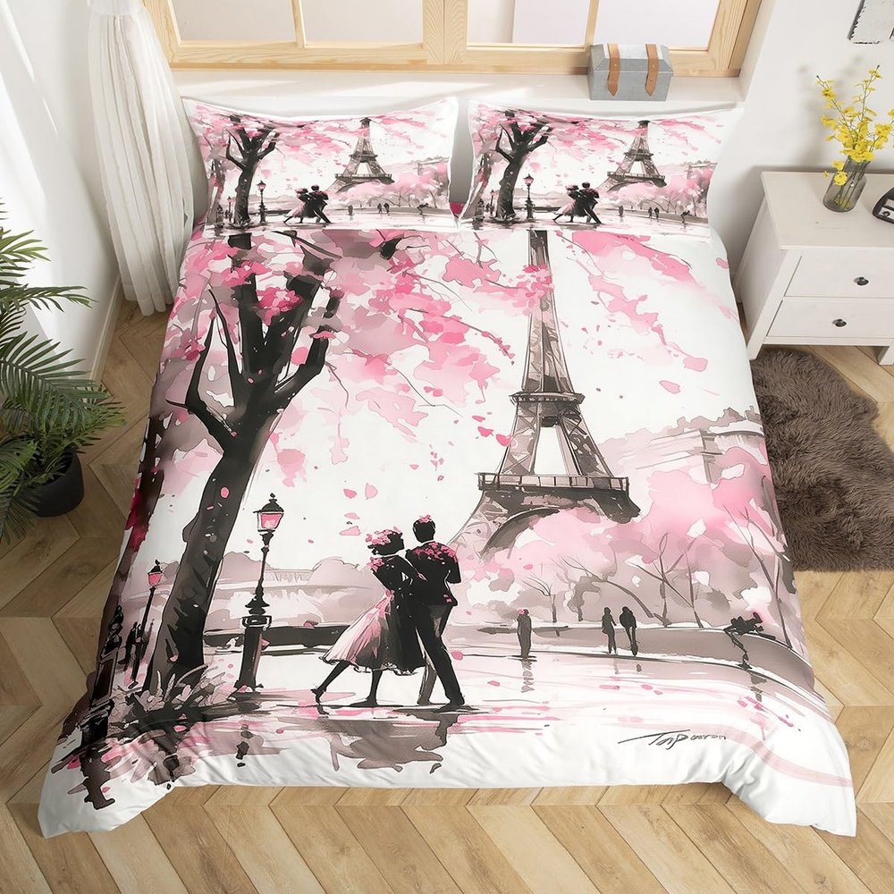 jejeloiu Kids Pink Couple Lover Bedding Set Toddler Size Mr Mrs Duvet Cover for Boys Girls Teens Bedroom Decor Eiffel Tower Cherry Blossoms Romantic Paris Comforter Cover Soft 2Pcs,No Comforter